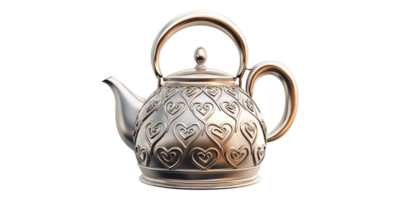 Metallic teapot with heart patterns isolated on transparent background png