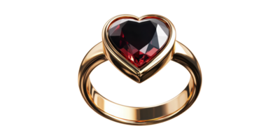 Gold ring with heart-shaped red gem isolated on transparent background png