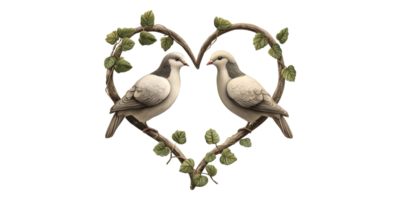 Two doves perched on heart-shaped branch isolated on transparent background png