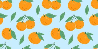 Seamless pattern with hand drawn mandarin with leaves, tangerine fruits on blue background. isolated illustrations of flat citrus. vector