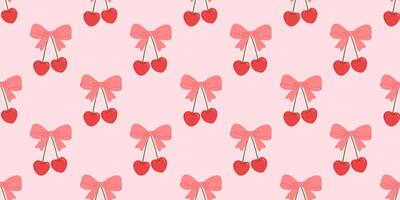 Seamless pattern with coquette bow and cherry on pink background, flat drawings, backdrop vector