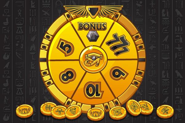 Golden-black Wheel of fortune in Egyptian style for UI game, Slots and casino screen. Icons on separate layers Egyptian treasure. Spinning and winning award or BONUS