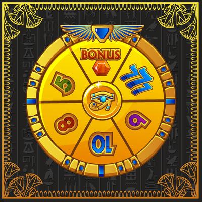 Wheel of fortune in Egyptian style for UI game, Slots and casino screen. Icons on separate layers Egyptian treasure. Spinning and winning award or BONUS.