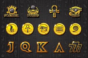 Egypt golden-black slot symbols. Cartoon set of ancient Egyptian game coins isolated on dark background. Golden money, eye of Horus,lotus, scarab or ankh amulets decorated with gems, antique symbols. vector