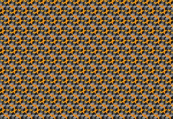 Intricate geometric pattern featuring a repeating design of gray and orange cubes, creating a dynamic, visually engaging texture.