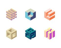 Six unique isometric cube designs in pastel colors. Perfect for branding, technology, architecture, or abstract design projects. Represents innovation, structure, and interconnectedness. vector