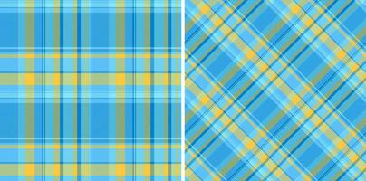Vibrant blue yellow plaid patterns perfect for textile design, fashion, or web backgrounds. These cheerful, seamless textures offer both horizontal diagonal options, conveying freshness optimism. vector