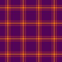 Vibrant, seamless plaid pattern in purple, orange, and yellow tones. Perfect for textile design, backgrounds, or festive themes. Versatile for web and print projects. vector