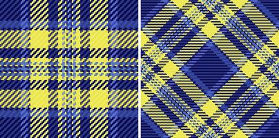 Vibrant yellow and navy plaid patterns, perfect for textile design, fashion, or web backgrounds. These seamless textures offer two distinct styles classic and diagonal checks. vector