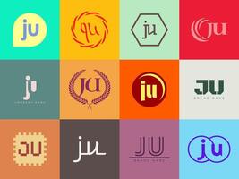 JU logo template. Letter j and u logotype. Set different classic serif lettering and modern bold text with design elements. Initial font typography. vector
