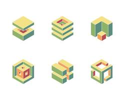 Six unique isometric cube designs in muted greens, yellows, and reds. Perfect for modern branding, technology, architecture, or design concepts. Illustrates structure, connection, and innovation. vector