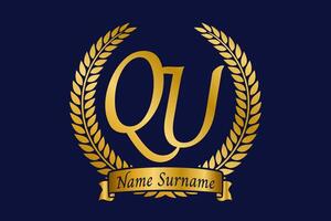 Initial letter Q and U, QU monogram logo design with laurel wreath. Luxury golden calligraphy font. vector