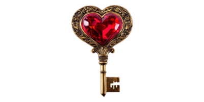 Ornate heart-shaped skeleton key with red gem isolated on transparent background png