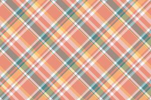 Vibrant diagonal plaid pattern in soft peach, muted yellow, teal, and gray. Perfect for textile design, website backgrounds, or creating a charming, rustic aesthetic. vector