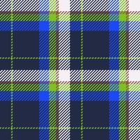 Classic plaid pattern featuring bold colors like blue, green, and white on a dark background. Ideal for backgrounds, textiles, or fashion design. Versatile and eyecatching. vector