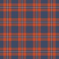 Classic plaid pattern featuring interweaving lines in navy blue and warm orange hues. Seamless, adaptable design for backgrounds, textiles, or digital applications. vector