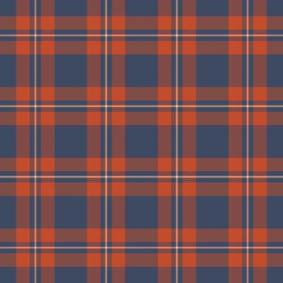 Classic plaid pattern featuring interweaving lines in navy blue and warm orange hues. Seamless, adaptable design for backgrounds, textiles, or digital applications.