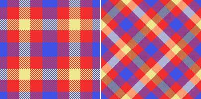 Vibrant, repeating plaid patterns in bright red, blue, and yellow. Ideal for textiles, backgrounds, or festive design projects. Versatile and eyecatching. vector
