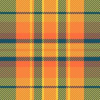 Warm, textured plaid pattern in orange, gold, and teal. Classic check design. Versatile for backgrounds, textiles, or adding a touch of rustic charm. vector
