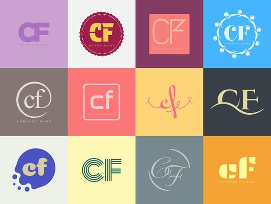 CF logo company template. Letter c and f logotype. Set different classic serif lettering and modern bold text with design elements. Initial font typography.