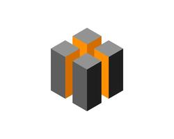 Abstract isometric design featuring interconnected gray and orange cubes. Represents connection, growth, or teamwork. Ideal for corporate branding, technology, and architecture projects. vector
