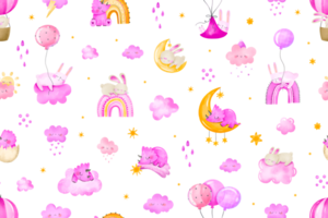 Newborn bunny, rabbit, dinosaurs sleep in sky on cloud, rainbow and fly in sky. Baby girl pink seamless pattern. Repeated background for kids. Cloudy sky, weather background png