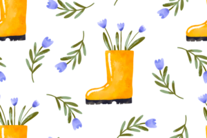 Seamless pattern with Garden yellow rubber boots and blue flowers. Farm and work on the land. Watercolor hand drawn background png