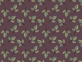 Elegant seamless pattern featuring stylized teal and yellow leaves on a deep maroon background. vector