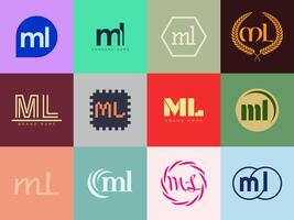ML logo company template. Letter m and l logotype. Set different classic serif lettering and modern bold text with design elements. Initial font typography. vector