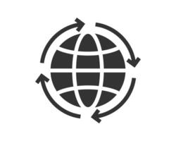 Globe icon surrounded by circular arrows. Symbolizes global communication, worldwide reach, logistics, and international connections. Use for web, apps, presentations. vector