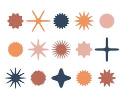 Geometric shapes set in warm, earthy tones. Abstract starbursts and badges convey retro vibes. Ideal for minimalist design or artistic backgrounds. Versatile design element. vector