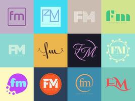FM logo company . Letter f and m logotype. Set different classic serif lettering and modern bold text with design elements. Initial font typography. vector
