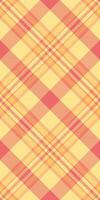 Vibrant diagonal plaid pattern in warm peach and yellow tones. Perfect for textile design, fashion, or website backgrounds. This seamless texture evokes feelings of warmth, comfort, and summer. vector