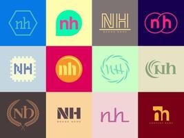 NH logo company template. Letter n and h logotype. Set different classic serif lettering and modern bold text with design elements. Initial font typography. vector