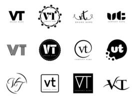 VT logo company template. Letter v and t logotype. Set different classic serif lettering and modern bold text with design elements. Initial font typography. vector