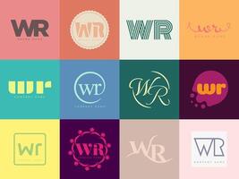 WR company template. Letter w and r logotype. Set different classic serif lettering and modern bold text with design elements. Initial font typography. vector