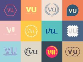 VU logo company template. Letter v and u logotype. Set different classic serif lettering and modern bold text with design elements. Initial font typography. vector