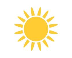 A bright, cheerful yellow sun icon with radiating rays on a clean white background. A symbol of warmth, happiness, and positive energy. vector