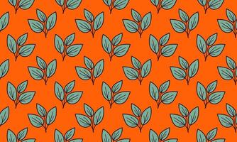 Vibrant orange background adorned with a repeating pattern of stylized teal leaves. vector