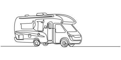 Camper trailer in continuous line art drawing style. Caravan recreational vehicle black linear vector