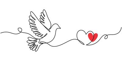 Bird flying with heart in continuous line art drawing, one outline of dove animal illustration. vector
