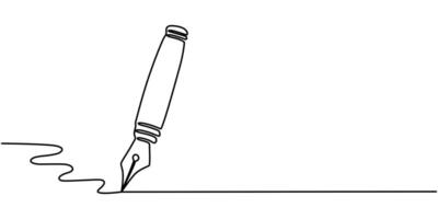 Fountain pen continuous one line drawing, Writing or signing document using vintage ink pen illustration. vector