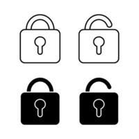 Lock and unlock icons in outline and fill shape silhouette. illustration isolated on white background. vector