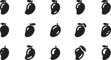 Mango icons, black silhouettes, simple design, minimalist fruit symbols, repeating pattern, graphic illustration, clean lines, stylized leaf details vector