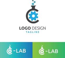Creative Laboratory Logo Design with Gear and Flask. C Lab Logo vector