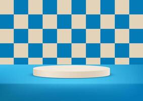 Blue and cream checkered background 3d with podium space for selling products, backdrop, wallpaper, background, text. illustration. vector
