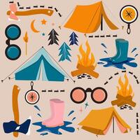 set of camping elements, Set of colorful illustrations camping, Icons and logos on the theme of recreation in the forest. Active recreation in tents, kindling a fire, an axe. Emblems, logos, stickers vector