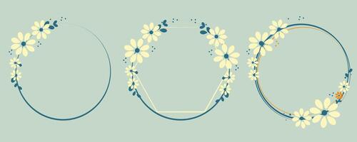 Set of round frames made of light daisies. Floral round frame on light background, round frame, laurel, wreath with branches and flower petals, leaves and flowers, illustration for wedding invitation vector