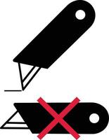 Cutter knife icon. Packing sign isolated on white background, a pair of scissors and a pair of scissors with a red cross vector