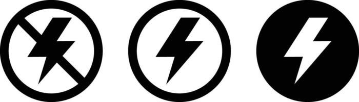 Lightning and no lightning icon set. three different symbols of lightning in black and white. isolated on white background vector